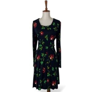 Vintage Floral Dress Women’s L Long Sleeve Scoop‎ Neck Pleated Skirt Knee Length